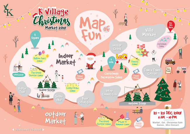 แผนผังของงาน K Village Christmas Market 2018 และแผนที่แสดงที่ตั้งบูธของ LaQ